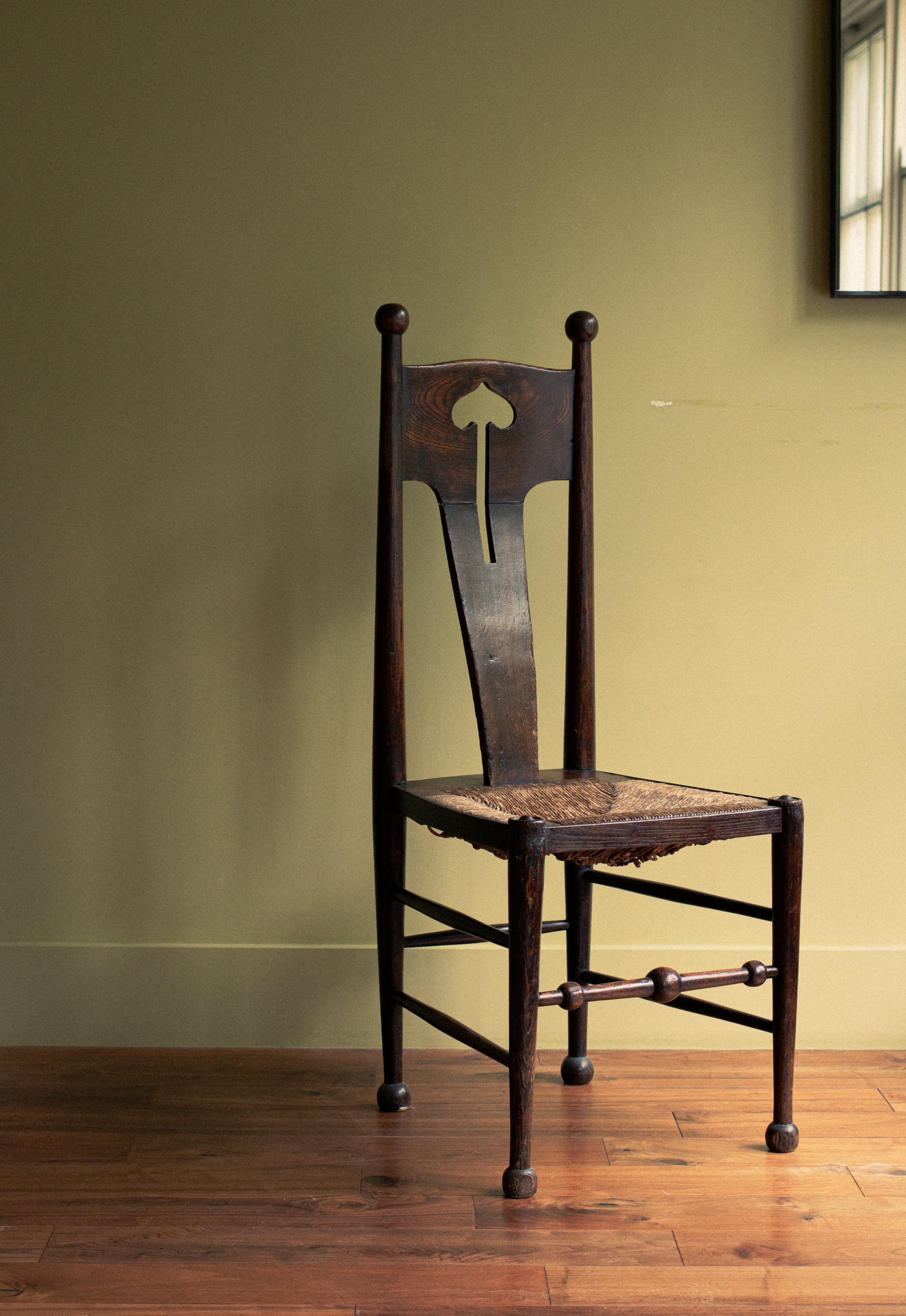 Sculpted arts and craft chair, original straw, 1903