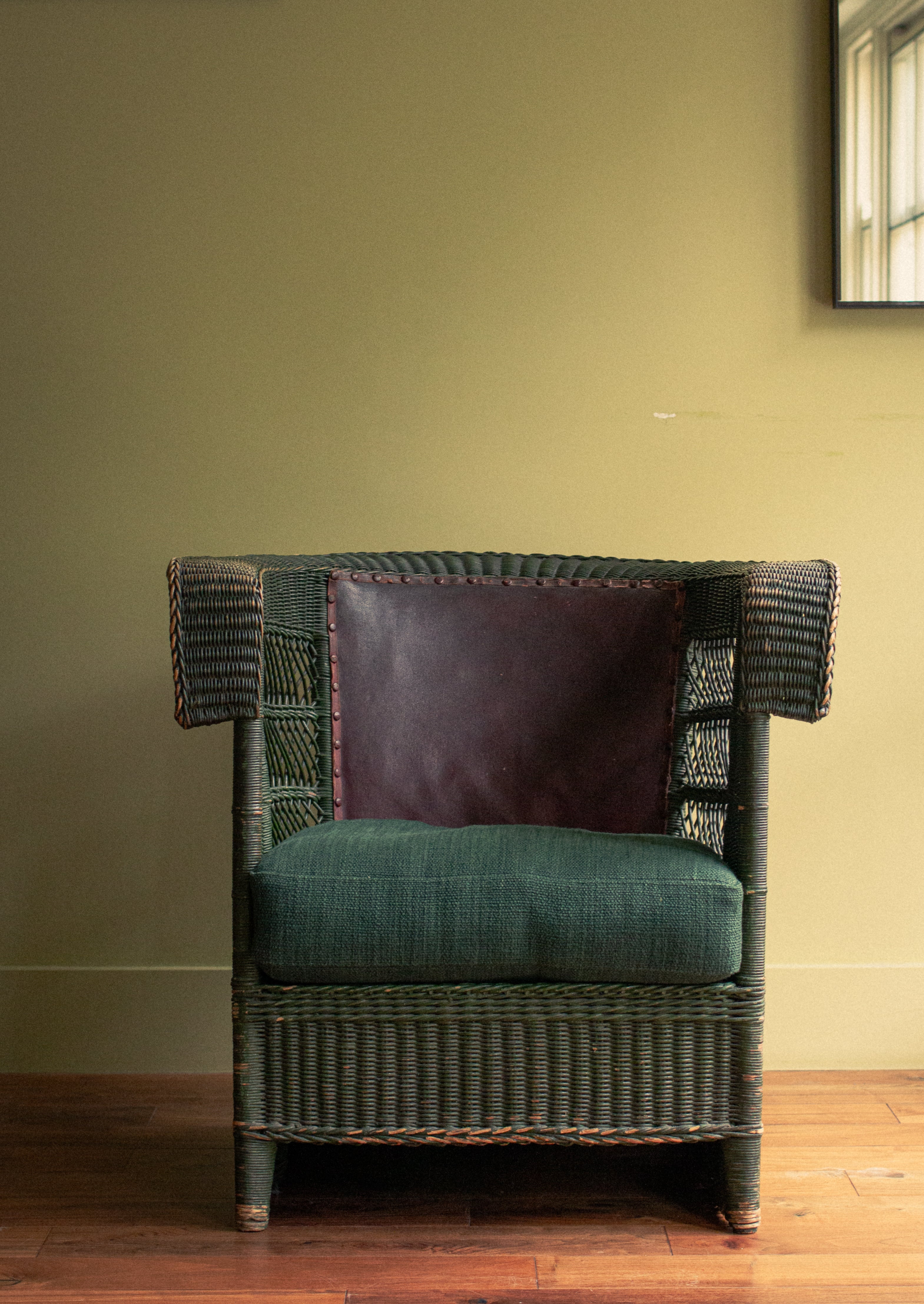 Arts and Craft moleskin and wicker Arm chair by Hans Vollmer, Austria,  1902