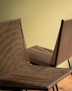 Rare pair of chairs in iron with original cords, anonymous, early 1950