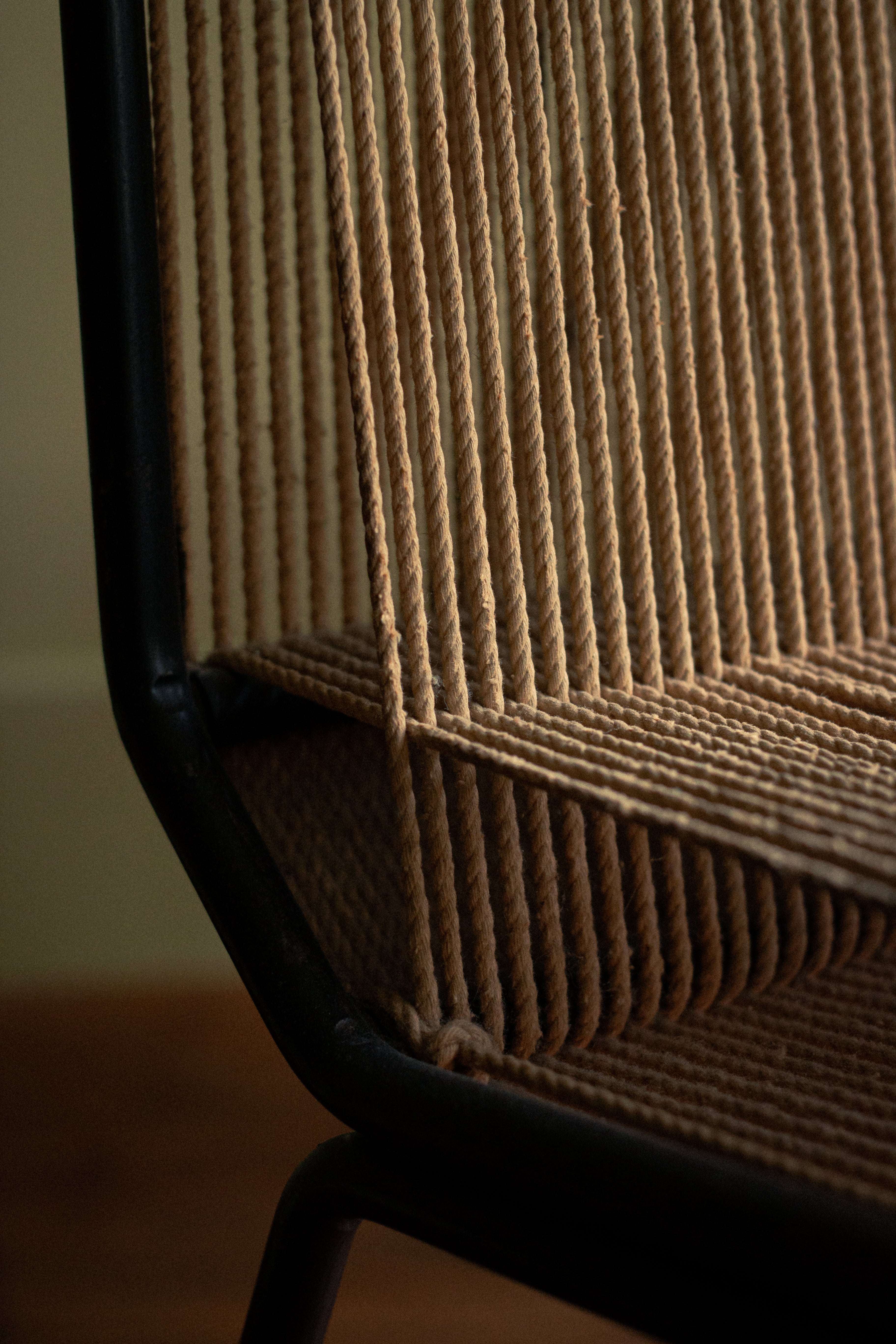 Rare pair of chairs in iron with original cords, anonymous, early 1950