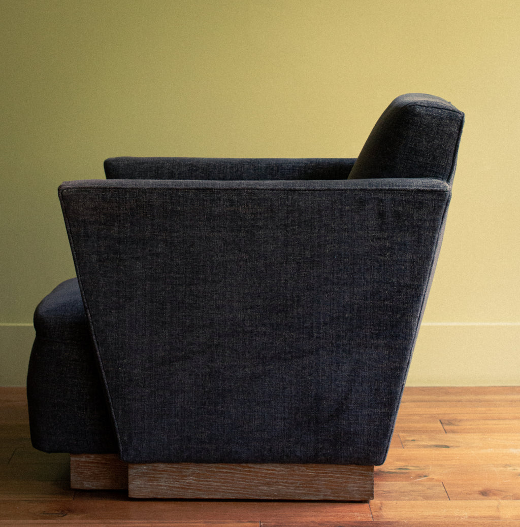 Incredible night blue velvet and original oak base unique arm chair art deco, 1920 - Price on Demand