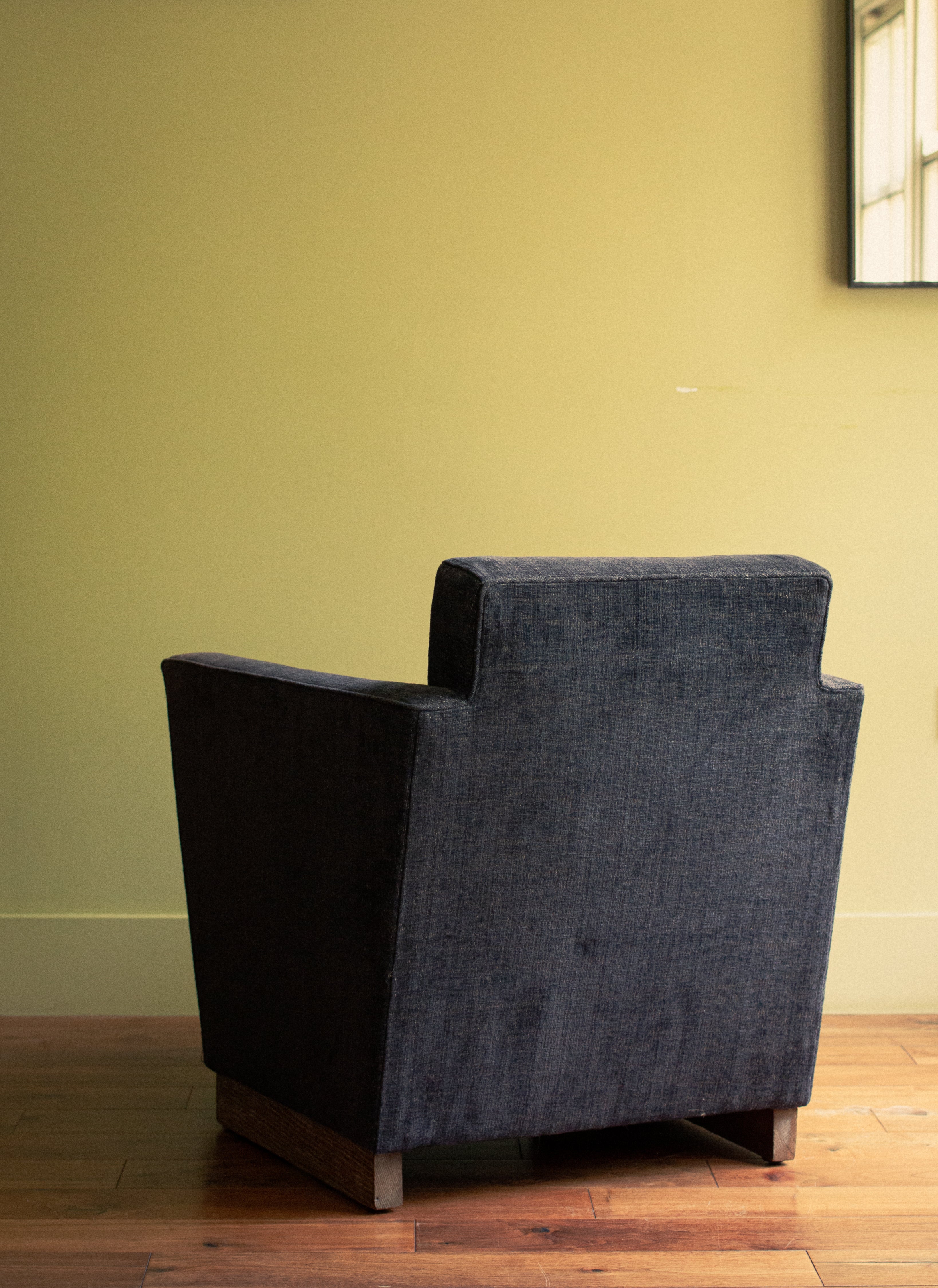 Incredible night blue velvet and original oak base unique arm chair art deco, 1920 - Price on Demand