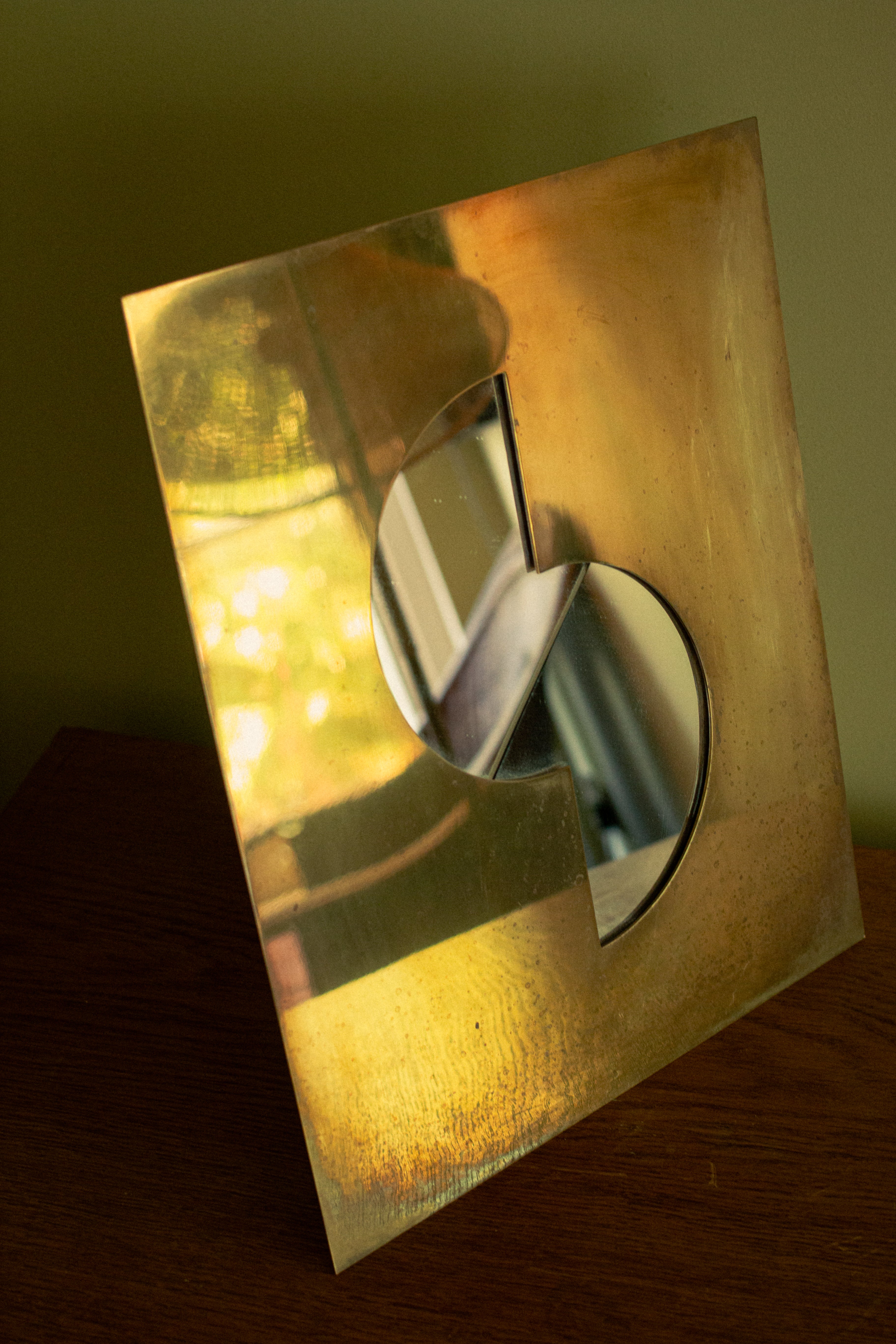 Very rare patinated brass mirror signed by Gabriella Crespi, early 1970 -SOLD