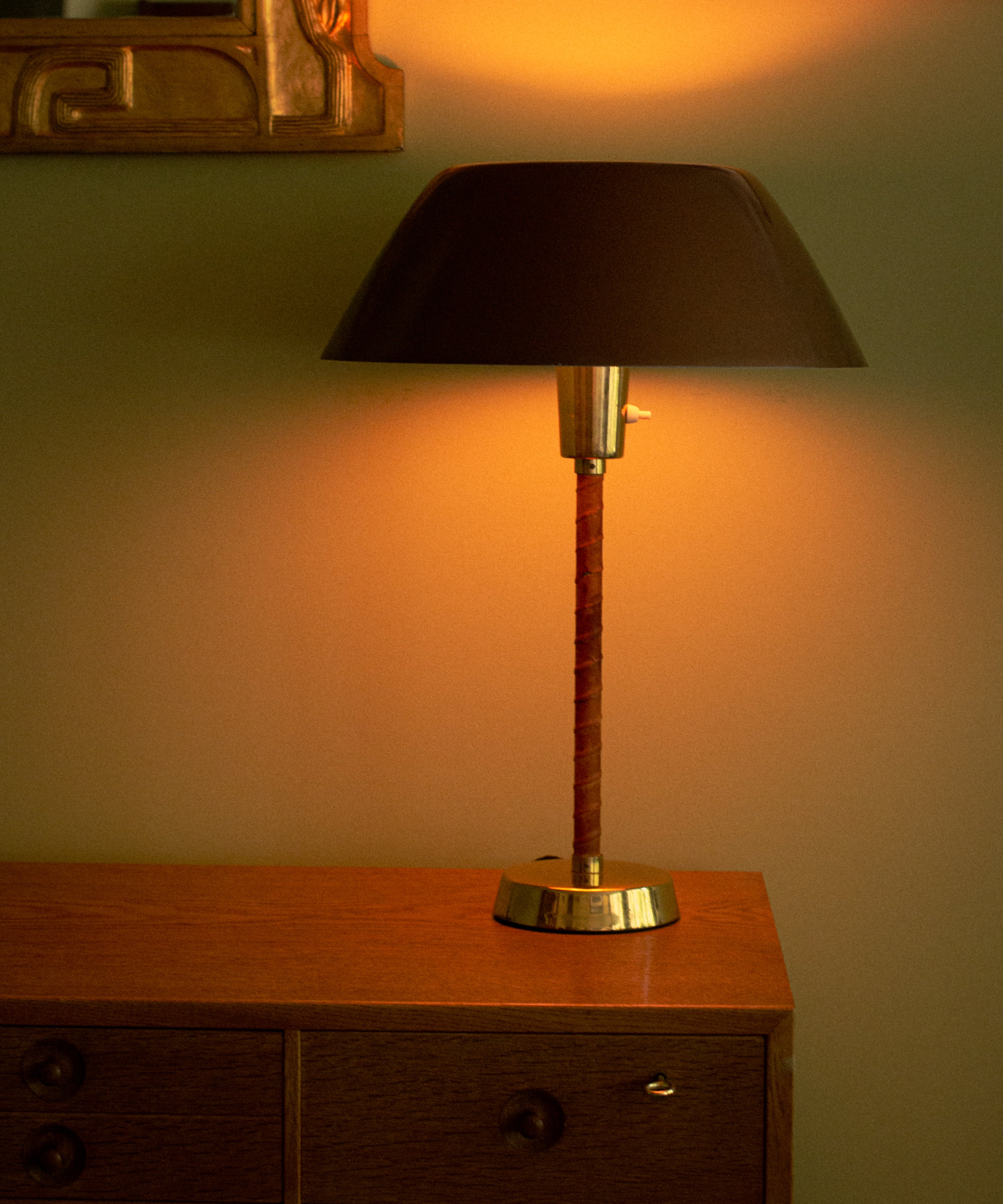 Lisa Johansson Pape lamp in brass with original leather, circa 1950