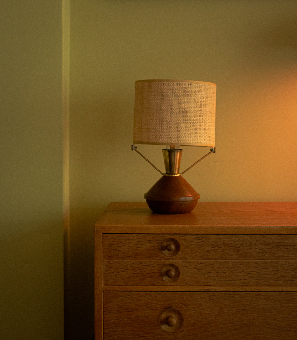 Teak, brass and raphia Table Lamp Signed BG, 1940