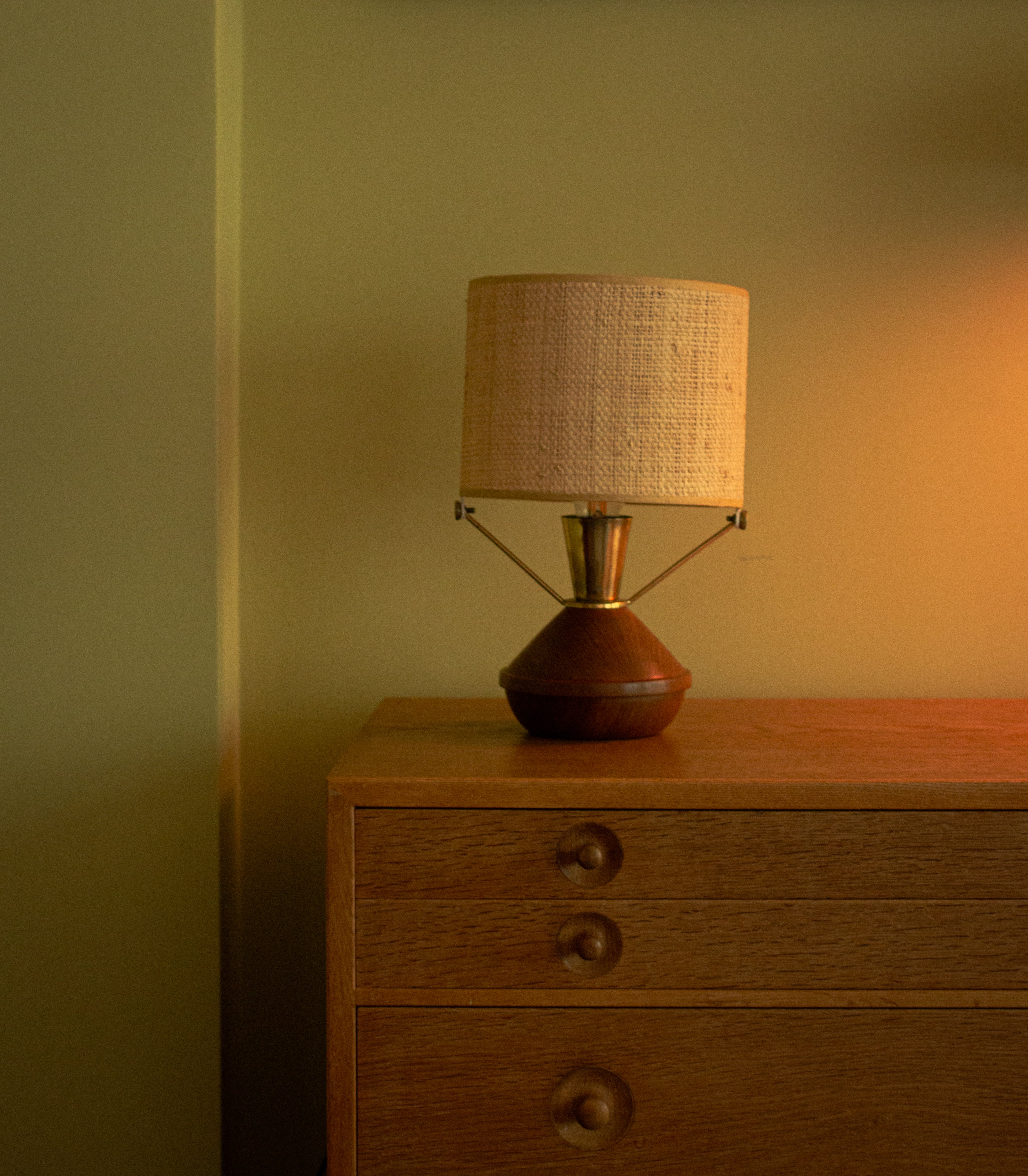 Teak, brass and raphia Table Lamp Signed BG, 1940