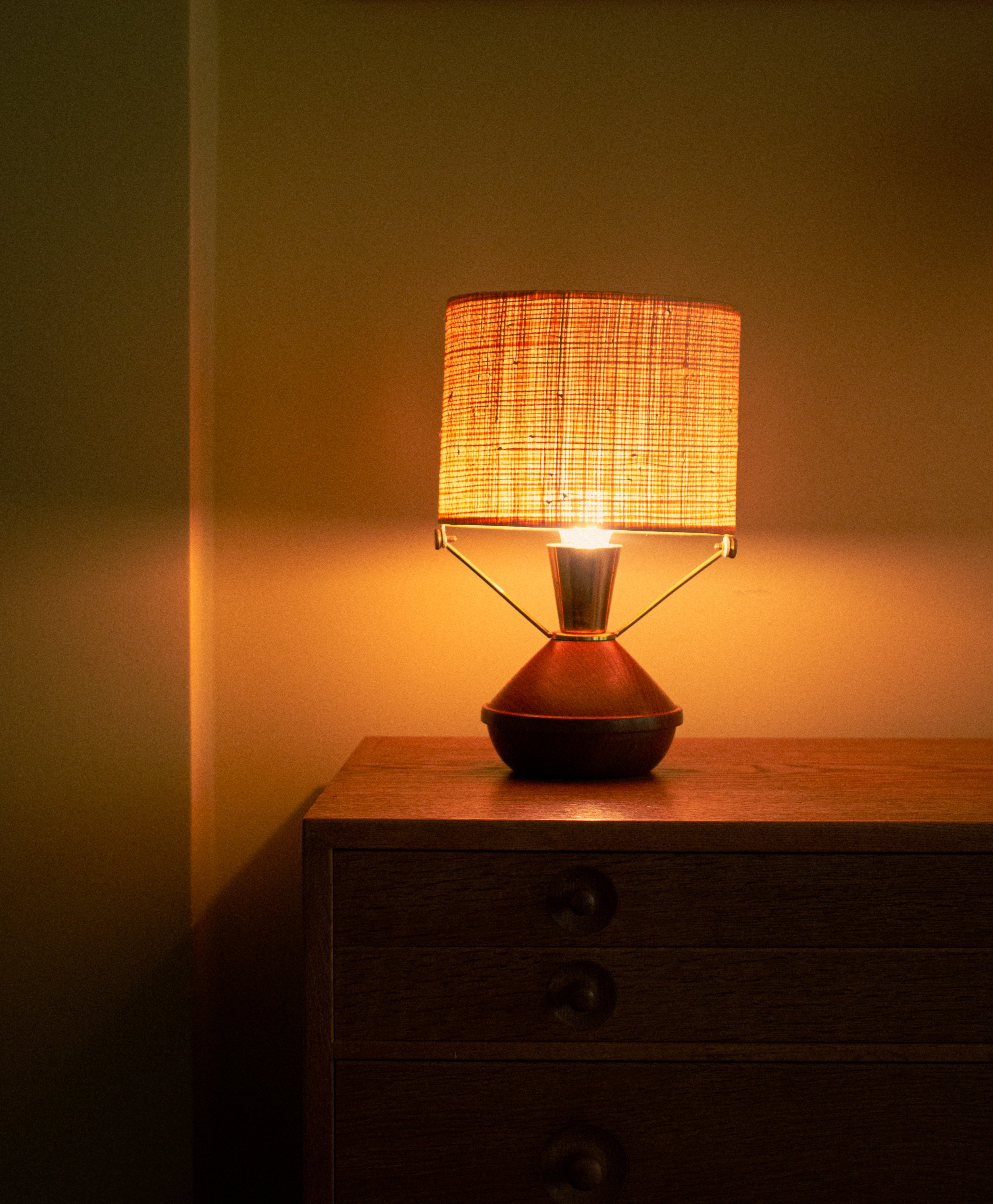Teak, brass and raphia Table Lamp Signed BG, 1940