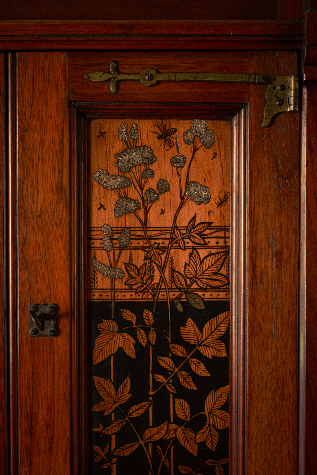 Precious unique piece wall cabinet in fruit woods and brass and pewter, 1890, UK - Price on Demand